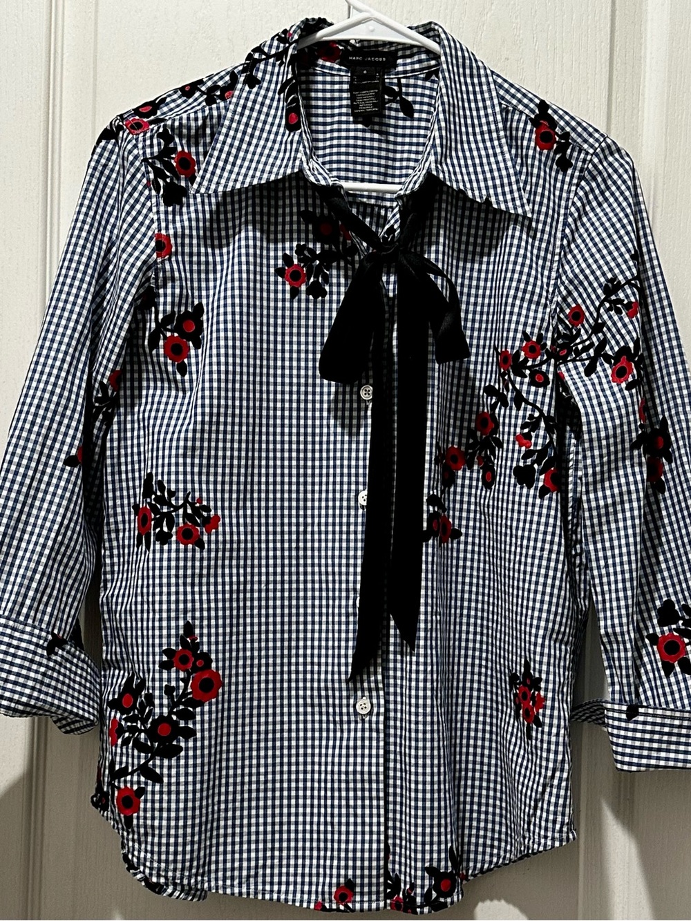 Marc Jacobs Floral Flocked Gingham Bow Tie Blouse Top 6 - Picture 3 of 5